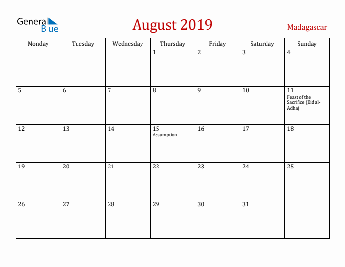 Madagascar August 2019 Calendar - Monday Start