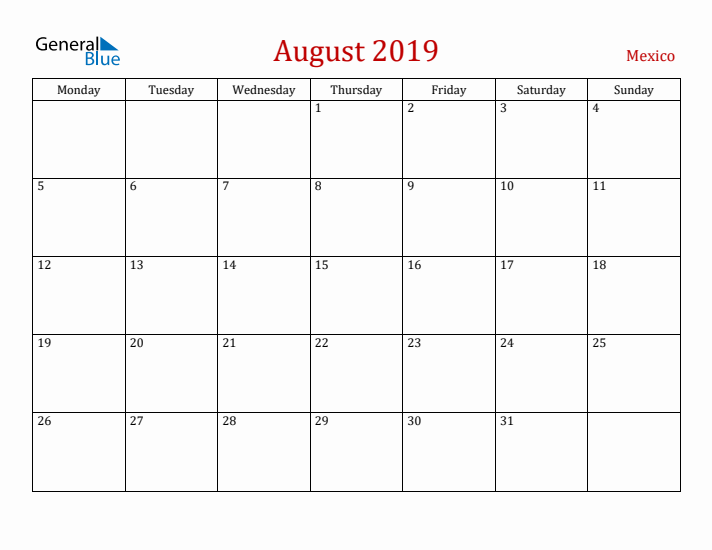 Mexico August 2019 Calendar - Monday Start