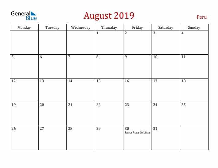 Peru August 2019 Calendar - Monday Start