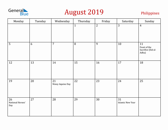 Philippines August 2019 Calendar - Monday Start