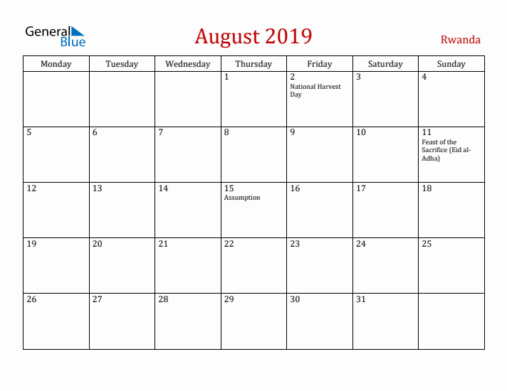 Rwanda August 2019 Calendar - Monday Start