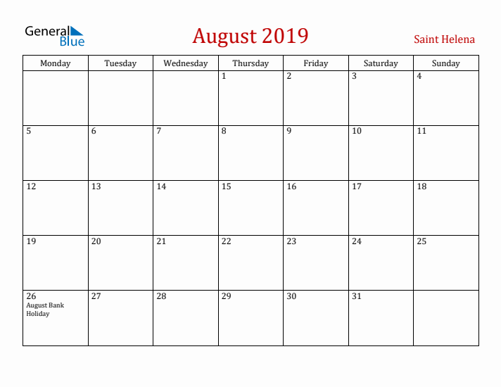 Saint Helena August 2019 Calendar - Monday Start