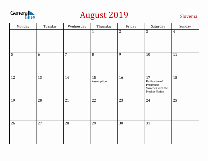 Slovenia August 2019 Calendar - Monday Start