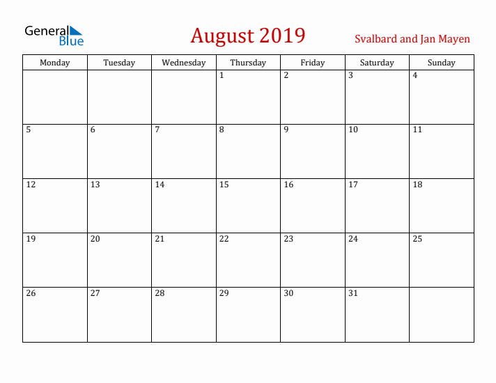 Svalbard and Jan Mayen August 2019 Calendar - Monday Start