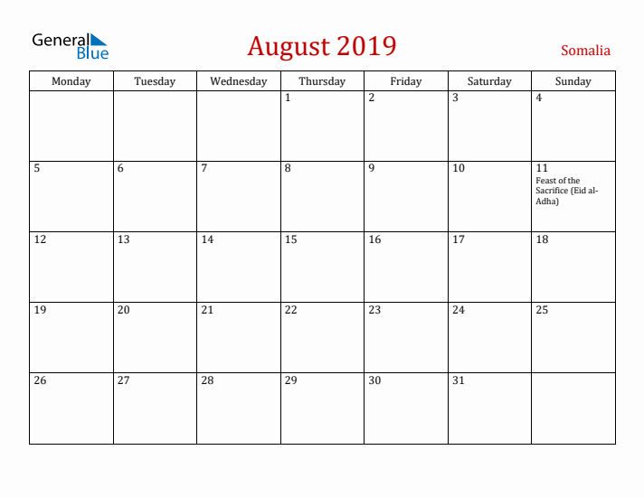 Somalia August 2019 Calendar - Monday Start