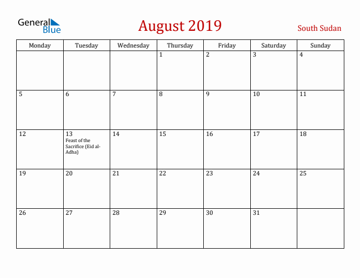 South Sudan August 2019 Calendar - Monday Start