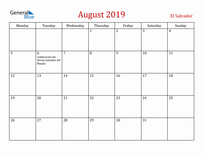 El Salvador August 2019 Calendar - Monday Start