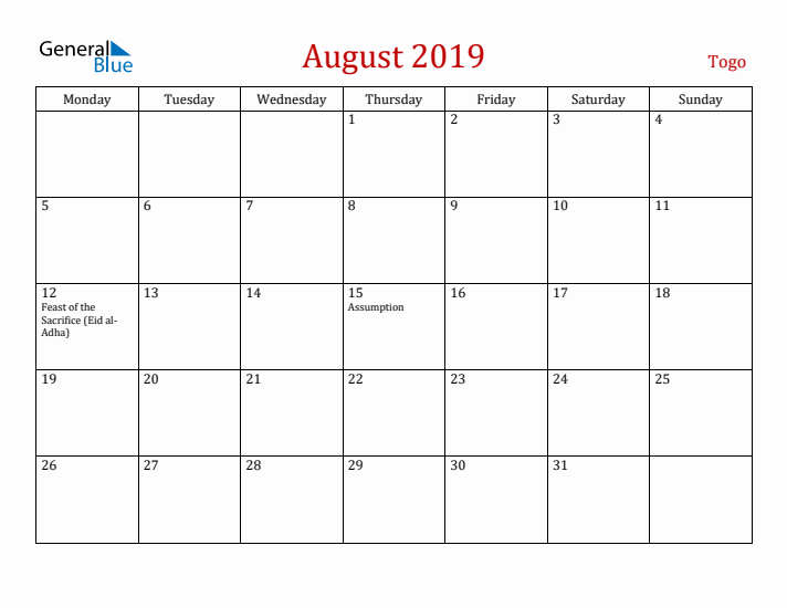 Togo August 2019 Calendar - Monday Start