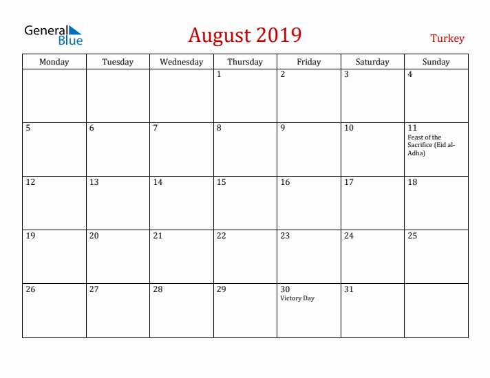 Turkey August 2019 Calendar - Monday Start