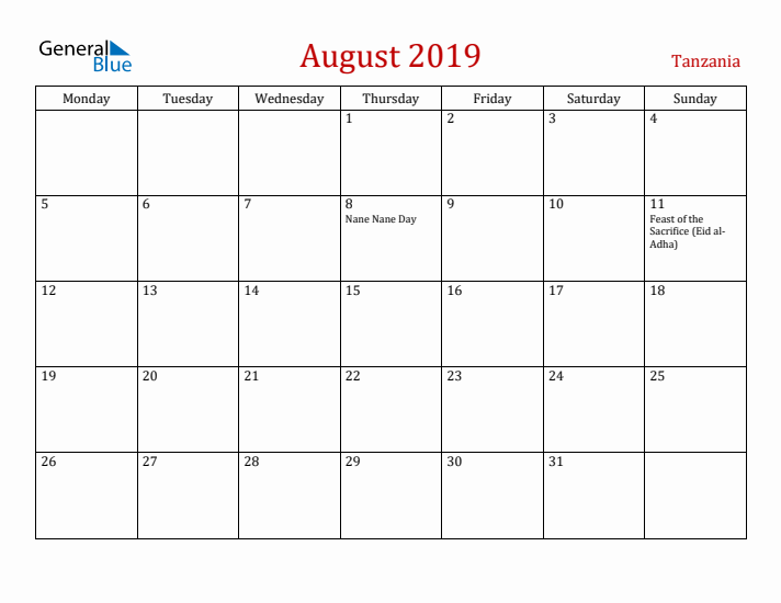 Tanzania August 2019 Calendar - Monday Start