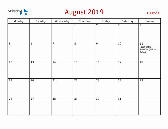 Uganda August 2019 Calendar - Monday Start