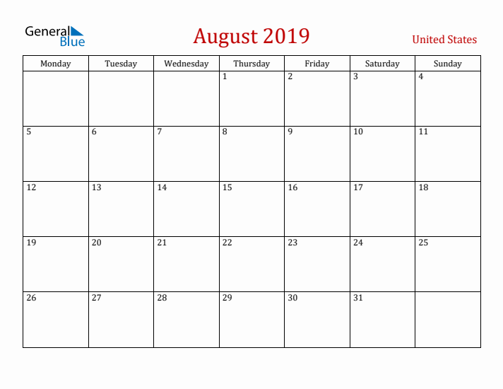 United States August 2019 Calendar - Monday Start