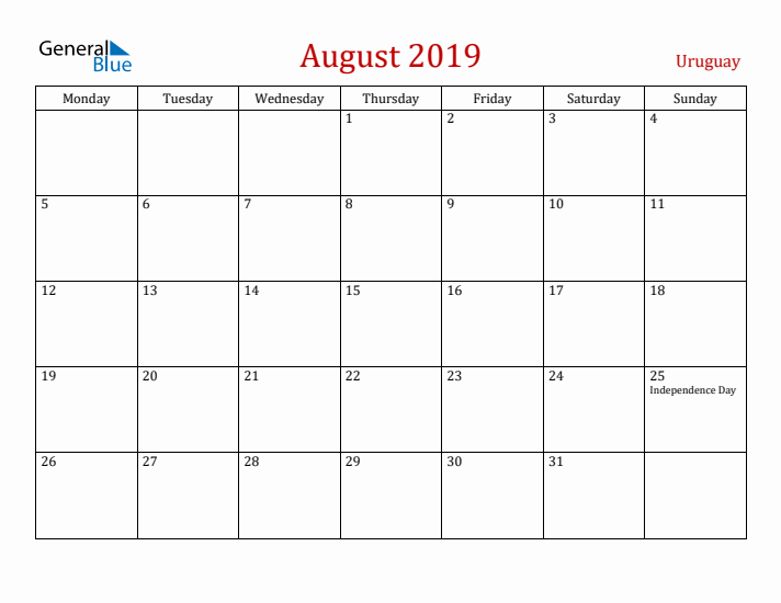 Uruguay August 2019 Calendar - Monday Start
