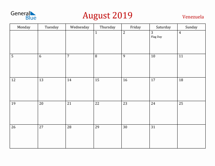 Venezuela August 2019 Calendar - Monday Start