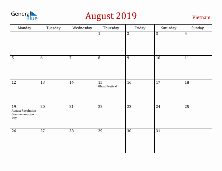 Vietnam August 2019 Calendar - Monday Start
