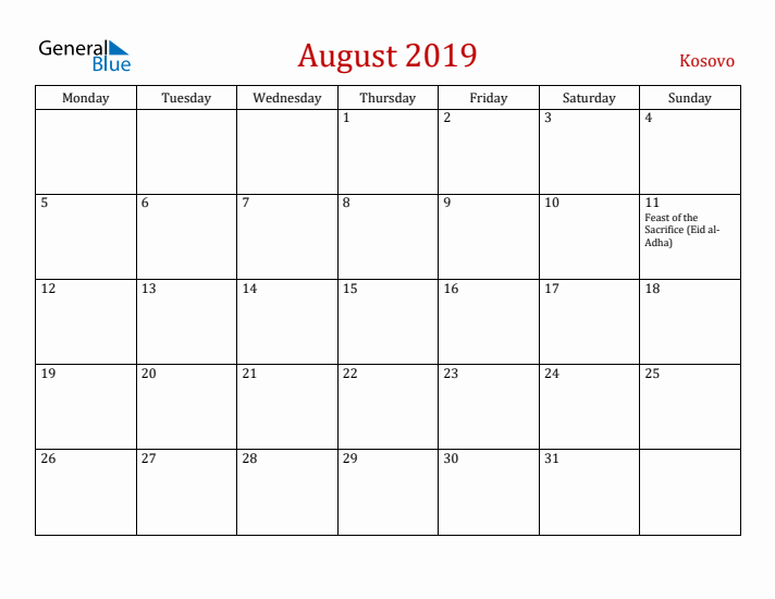 Kosovo August 2019 Calendar - Monday Start