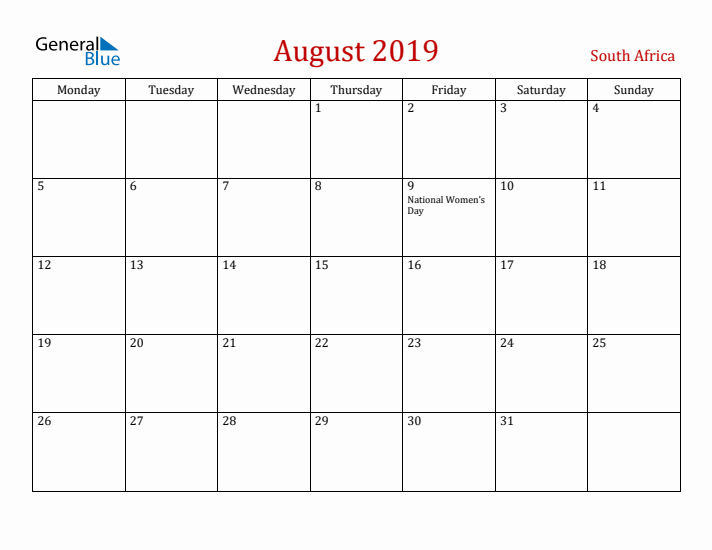 South Africa August 2019 Calendar - Monday Start