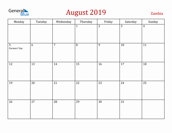 Zambia August 2019 Calendar - Monday Start