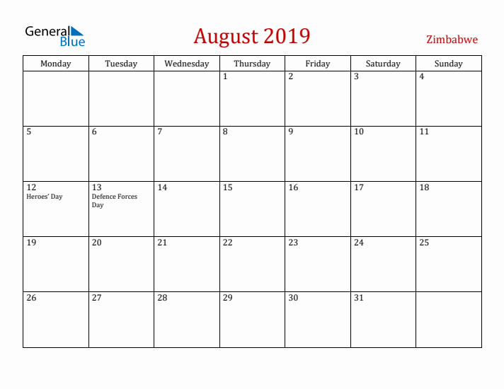 Zimbabwe August 2019 Calendar - Monday Start