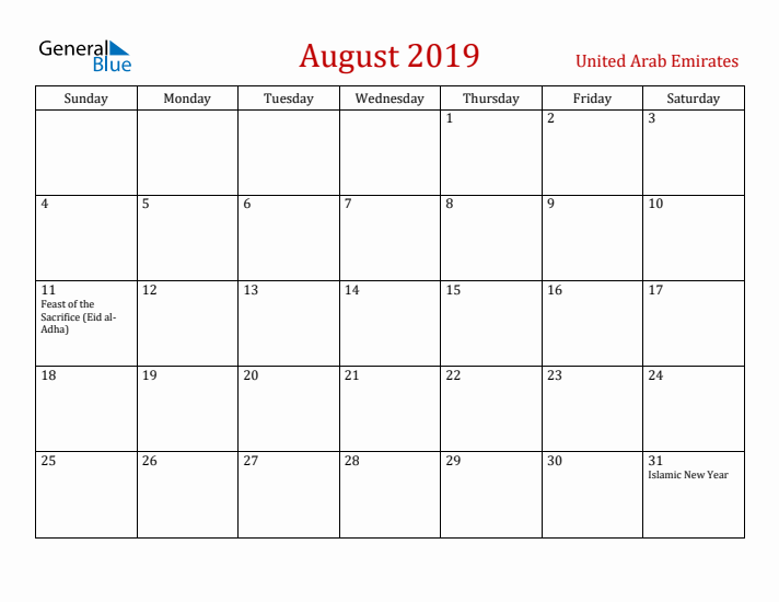 United Arab Emirates August 2019 Calendar - Sunday Start
