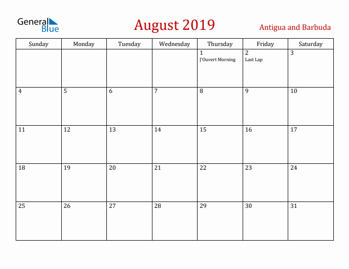 Antigua and Barbuda August 2019 Calendar - Sunday Start