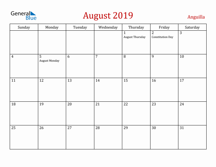 Anguilla August 2019 Calendar - Sunday Start
