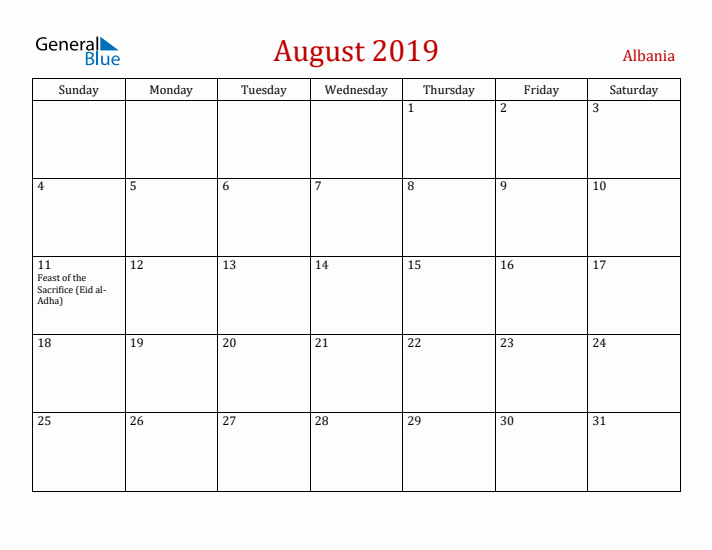 Albania August 2019 Calendar - Sunday Start