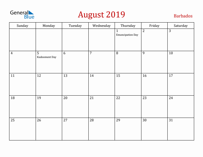 Barbados August 2019 Calendar - Sunday Start