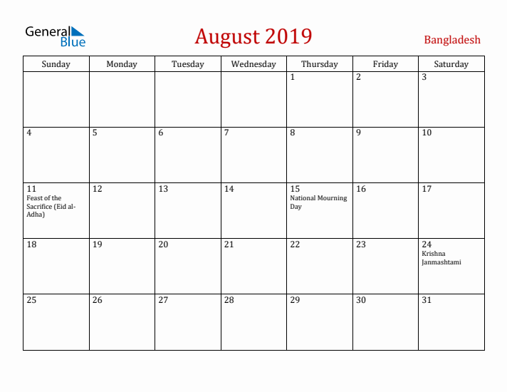 Bangladesh August 2019 Calendar - Sunday Start