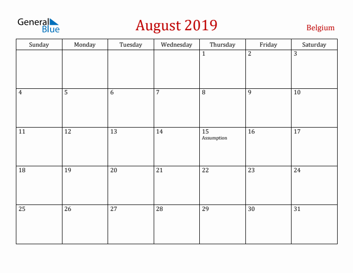 Belgium August 2019 Calendar - Sunday Start