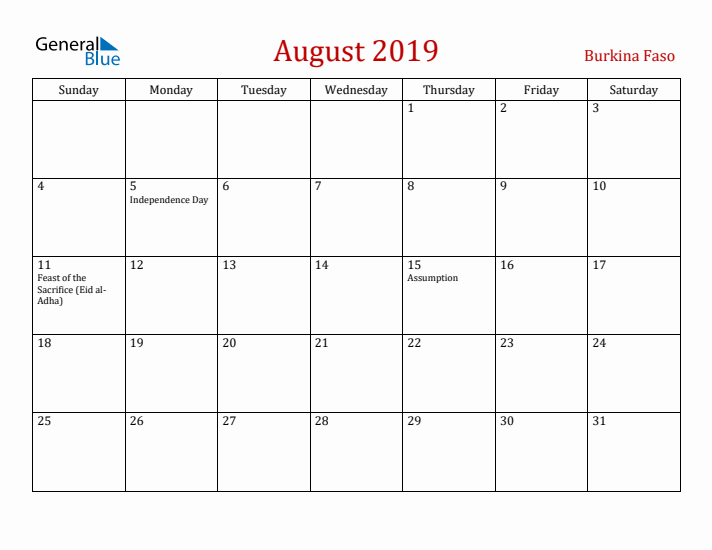 Burkina Faso August 2019 Calendar - Sunday Start