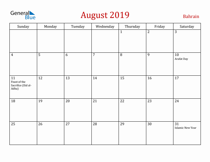 Bahrain August 2019 Calendar - Sunday Start
