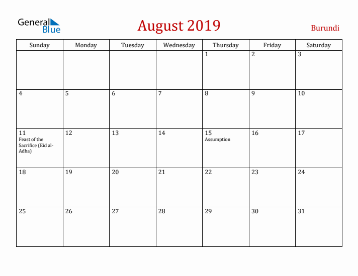 Burundi August 2019 Calendar - Sunday Start