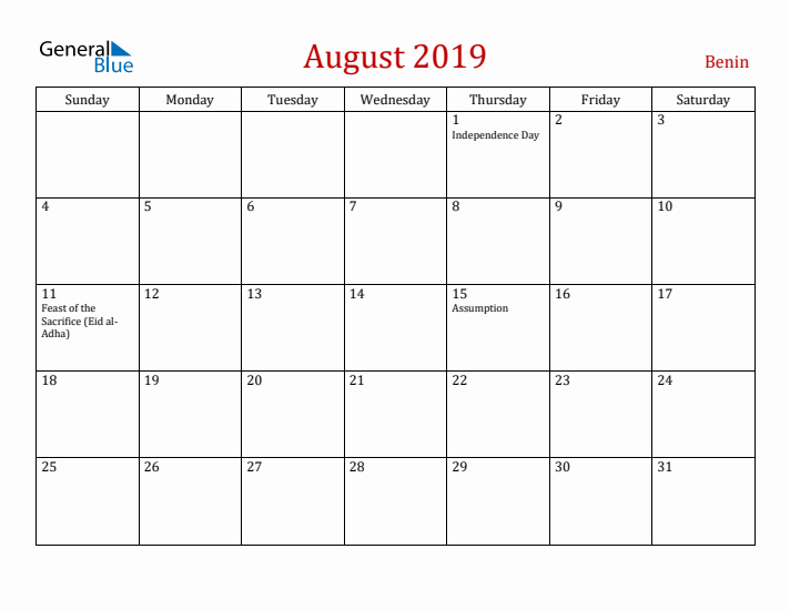 Benin August 2019 Calendar - Sunday Start