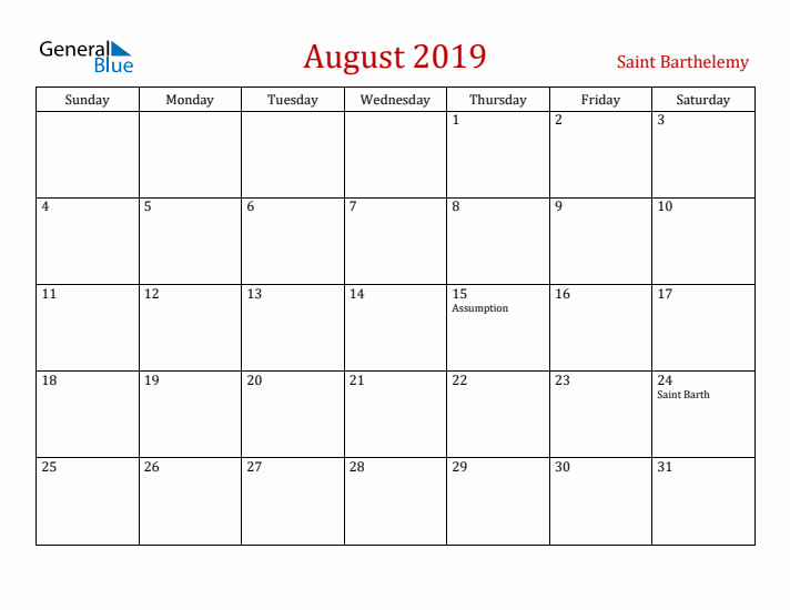 Saint Barthelemy August 2019 Calendar - Sunday Start