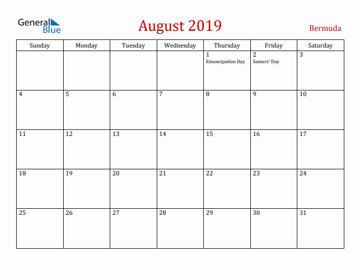Bermuda August 2019 Calendar - Sunday Start