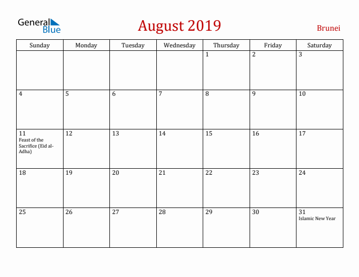 Brunei August 2019 Calendar - Sunday Start