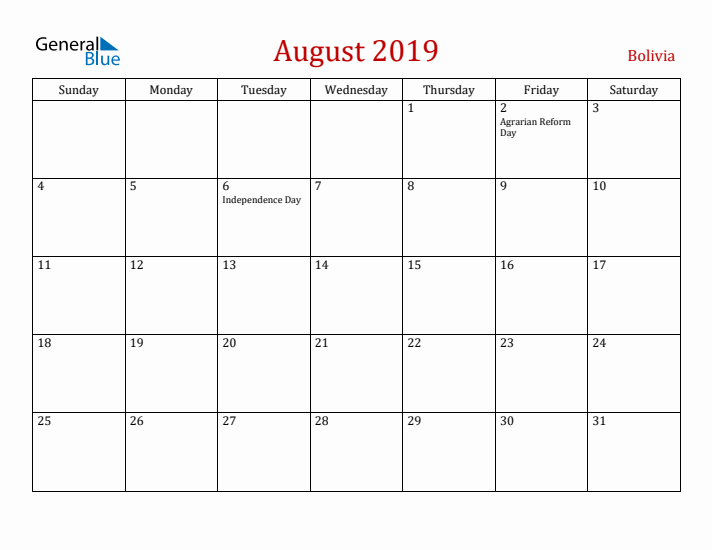 Bolivia August 2019 Calendar - Sunday Start