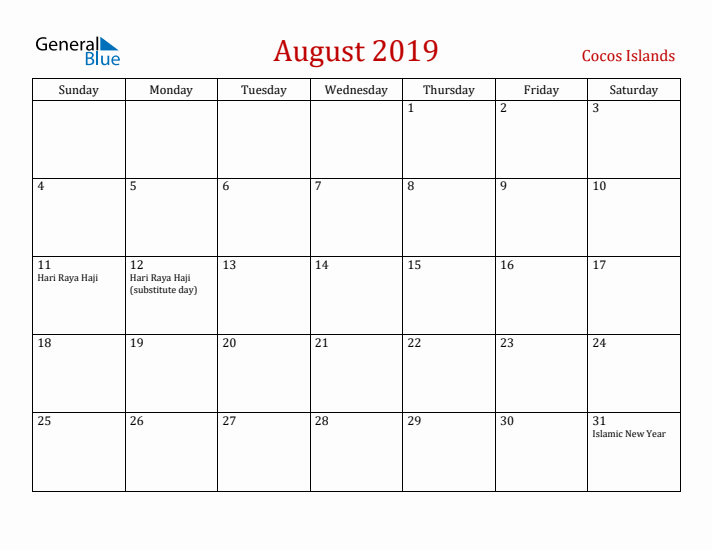 Cocos Islands August 2019 Calendar - Sunday Start