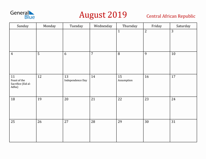 Central African Republic August 2019 Calendar - Sunday Start