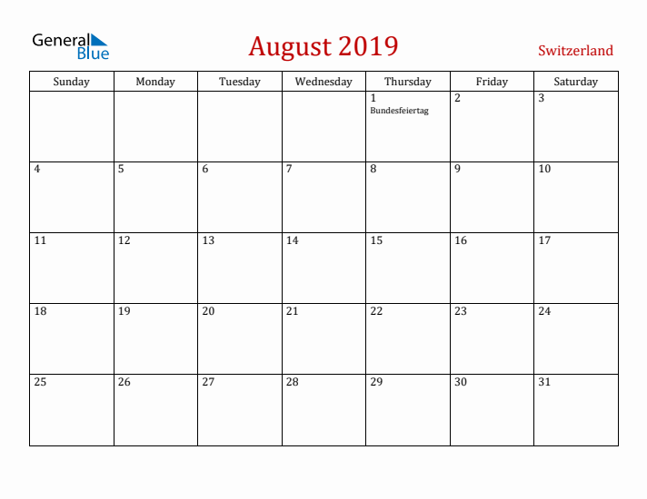 Switzerland August 2019 Calendar - Sunday Start