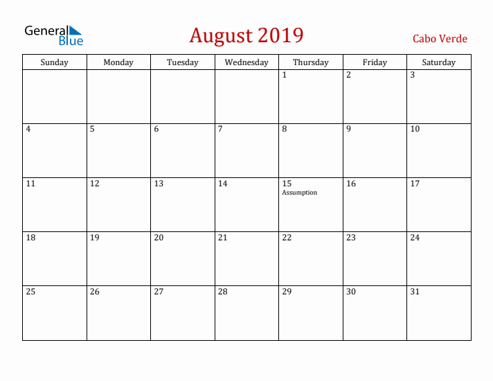 Cabo Verde August 2019 Calendar - Sunday Start