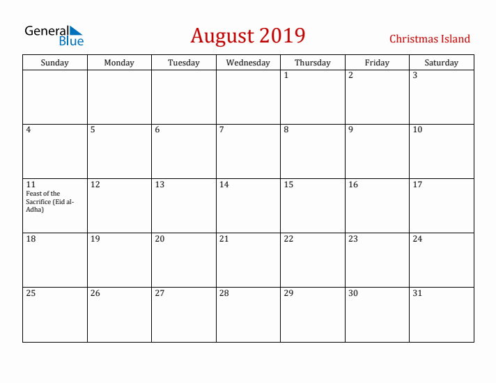 Christmas Island August 2019 Calendar - Sunday Start