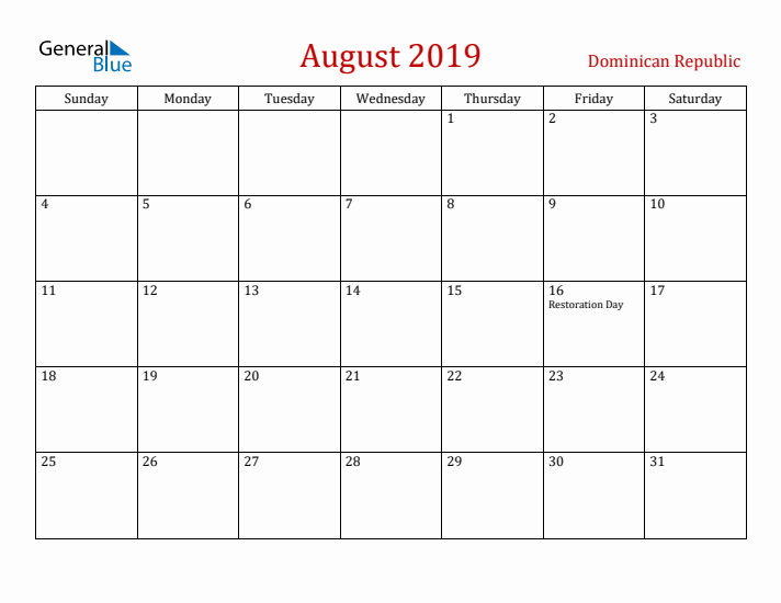 Dominican Republic August 2019 Calendar - Sunday Start