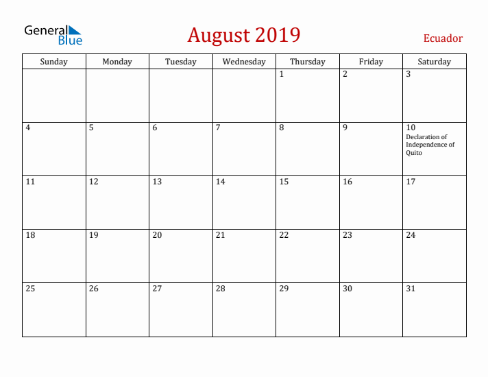 Ecuador August 2019 Calendar - Sunday Start