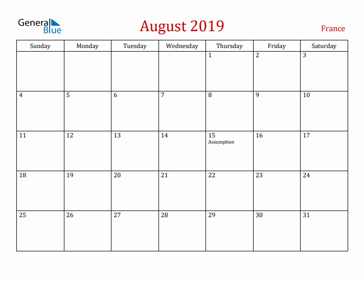 France August 2019 Calendar - Sunday Start