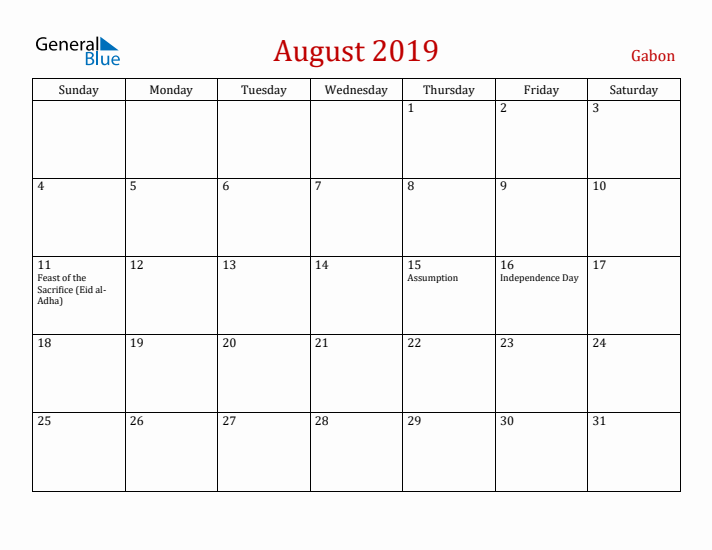Gabon August 2019 Calendar - Sunday Start