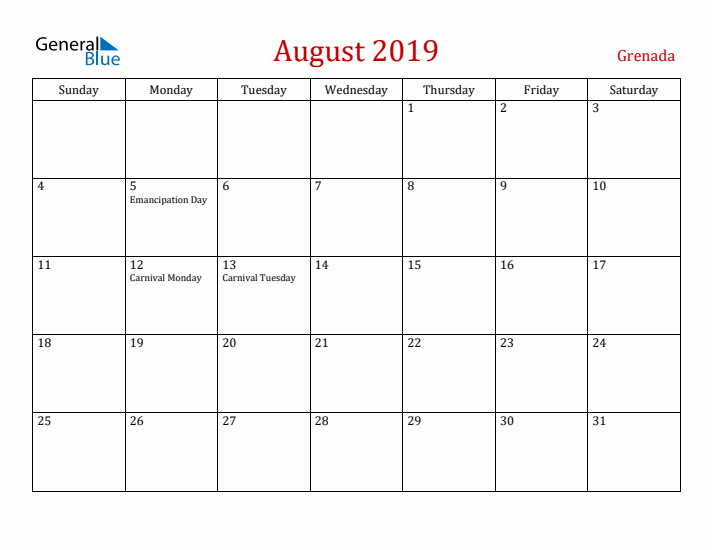 Grenada August 2019 Calendar - Sunday Start