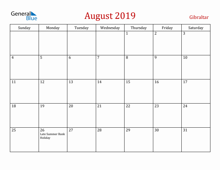 Gibraltar August 2019 Calendar - Sunday Start