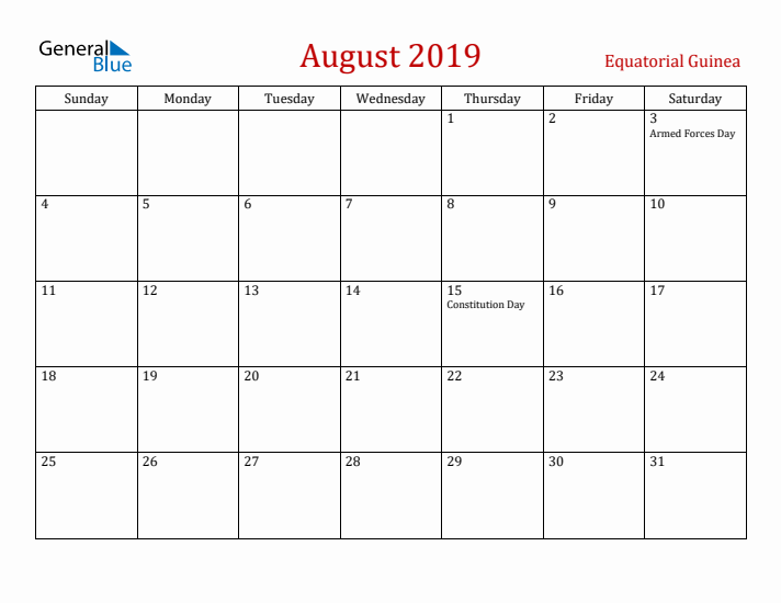 Equatorial Guinea August 2019 Calendar - Sunday Start
